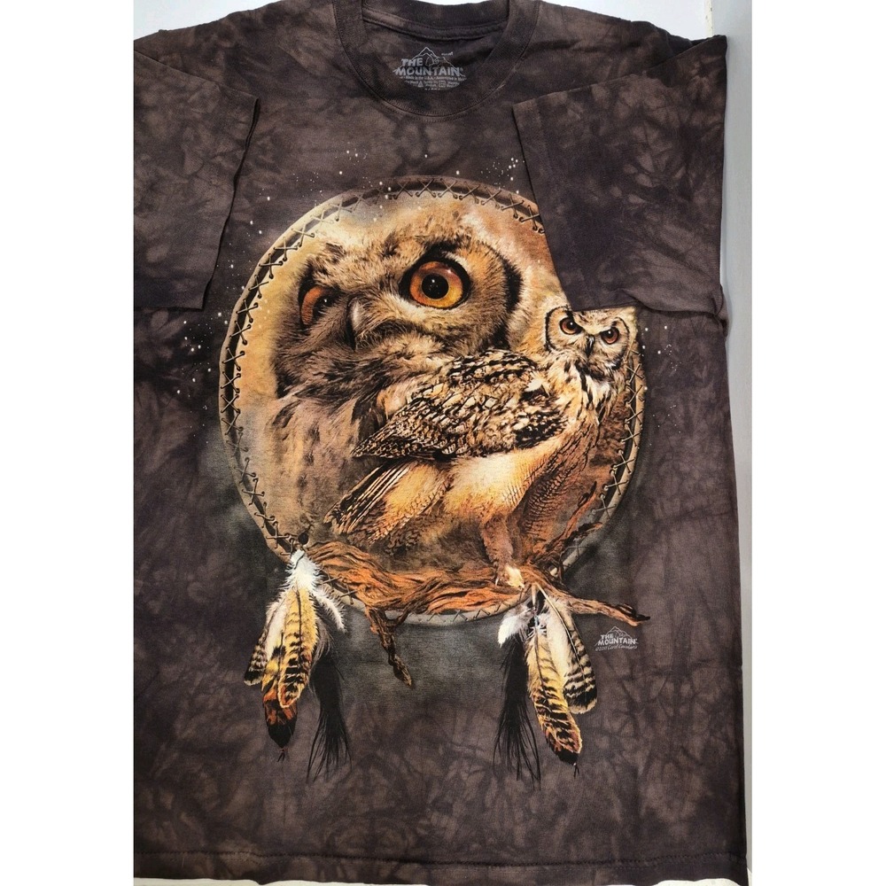 The Mountain Great Horned Owl T Shirt Tie Dye Brown Graphic Tee Medium Cotton